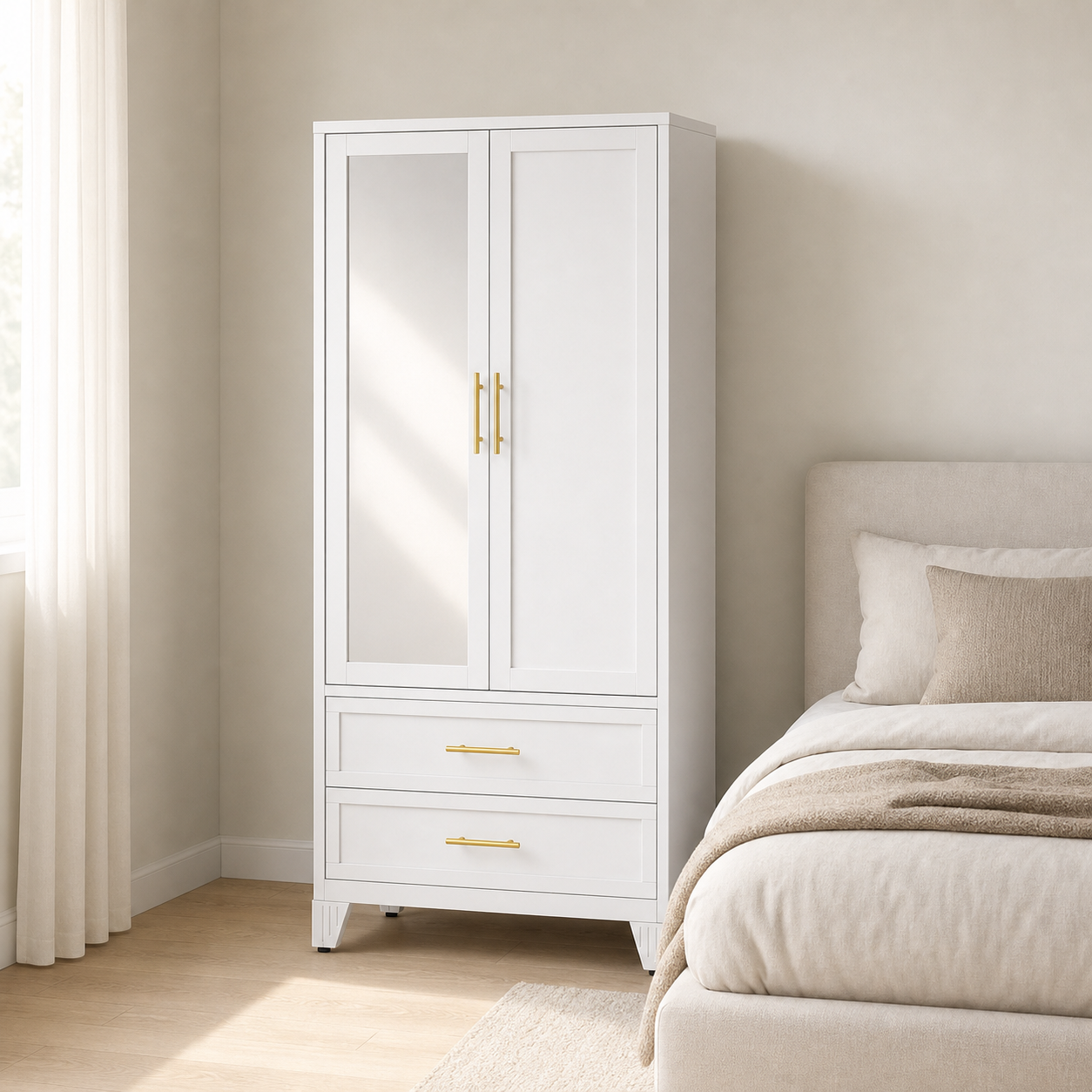 GAIOUS 71" Metal Wardrobe Cabinet with Mirror & Drawers
