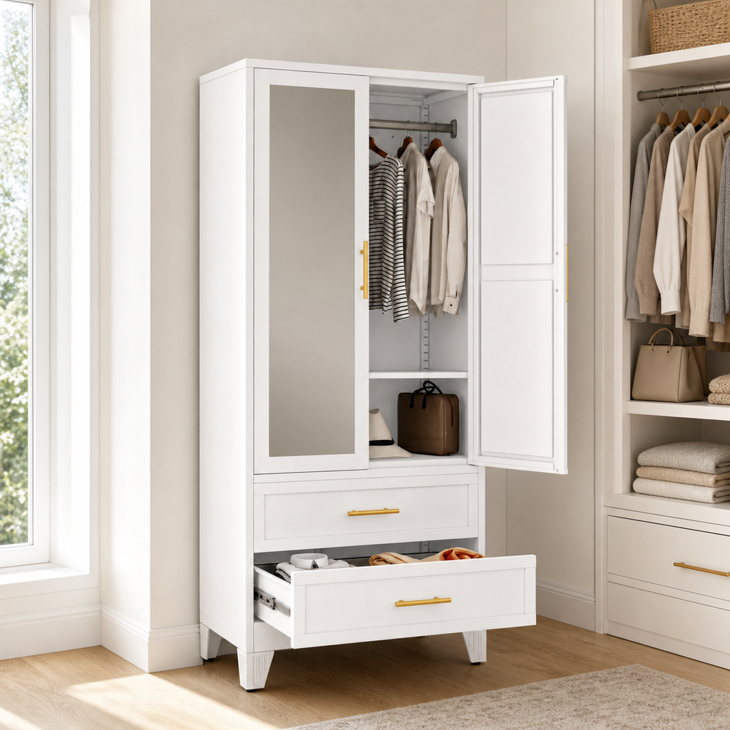 GAIOUS 71" Metal Wardrobe Cabinet with Mirror & Drawers