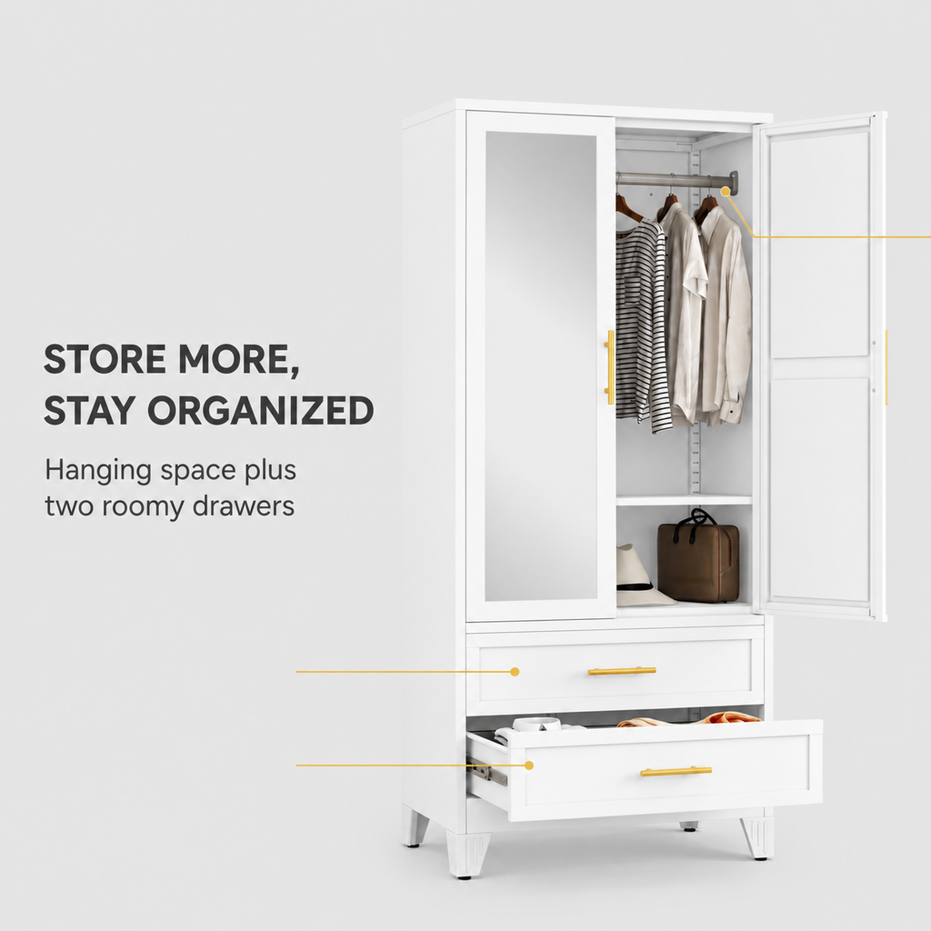GAIOUS 71" Metal Wardrobe Cabinet with Mirror & Drawers