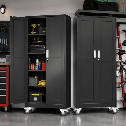 Heavy-Duty Metal Storage Cabinet with Wheels & Lock