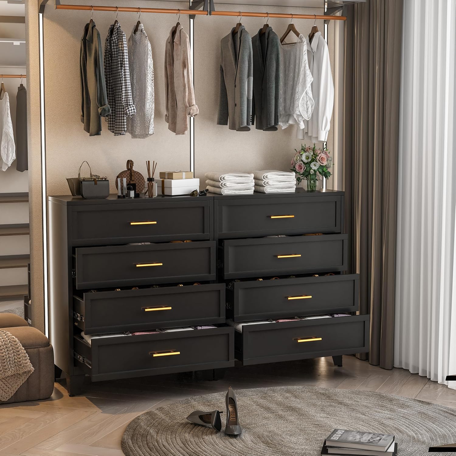 White Aesthetic Modern 5-Drawer Metal Dresser for Bedroom - Large-Capacity Waterproof Storage Cabinet with Rounded Corners, Slim Handles, LED Charging Light, Movable Deep Chest, Instructions Included for Office Use