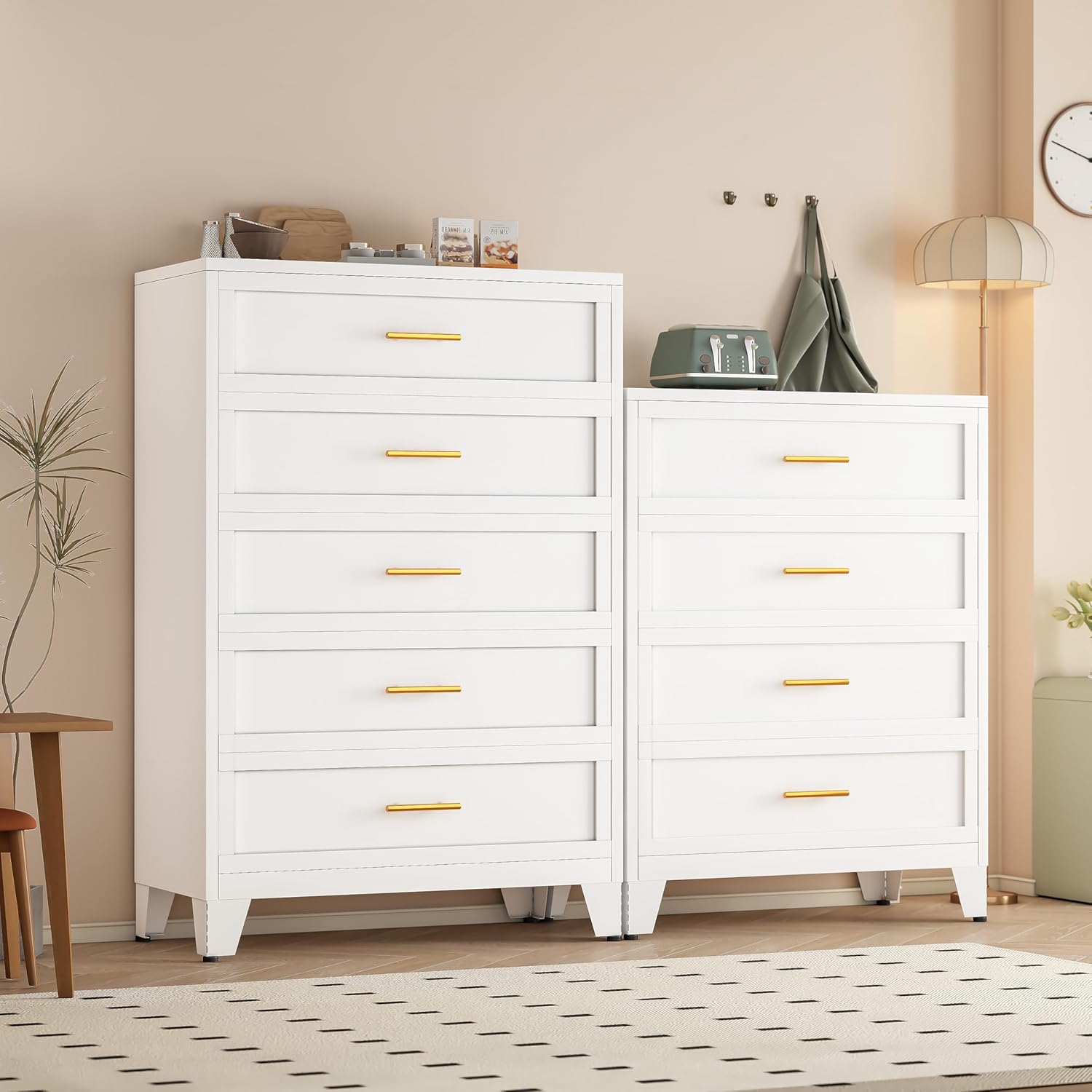 White Aesthetic Modern 5-Drawer Metal Dresser for Bedroom - Large-Capacity Waterproof Storage Cabinet with Rounded Corners, Slim Handles, LED Charging Light, Movable Deep Chest, Instructions Included for Office Use