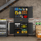 Metal Storage Cabinet with Dual Doors, Locking Drawer & Wheels