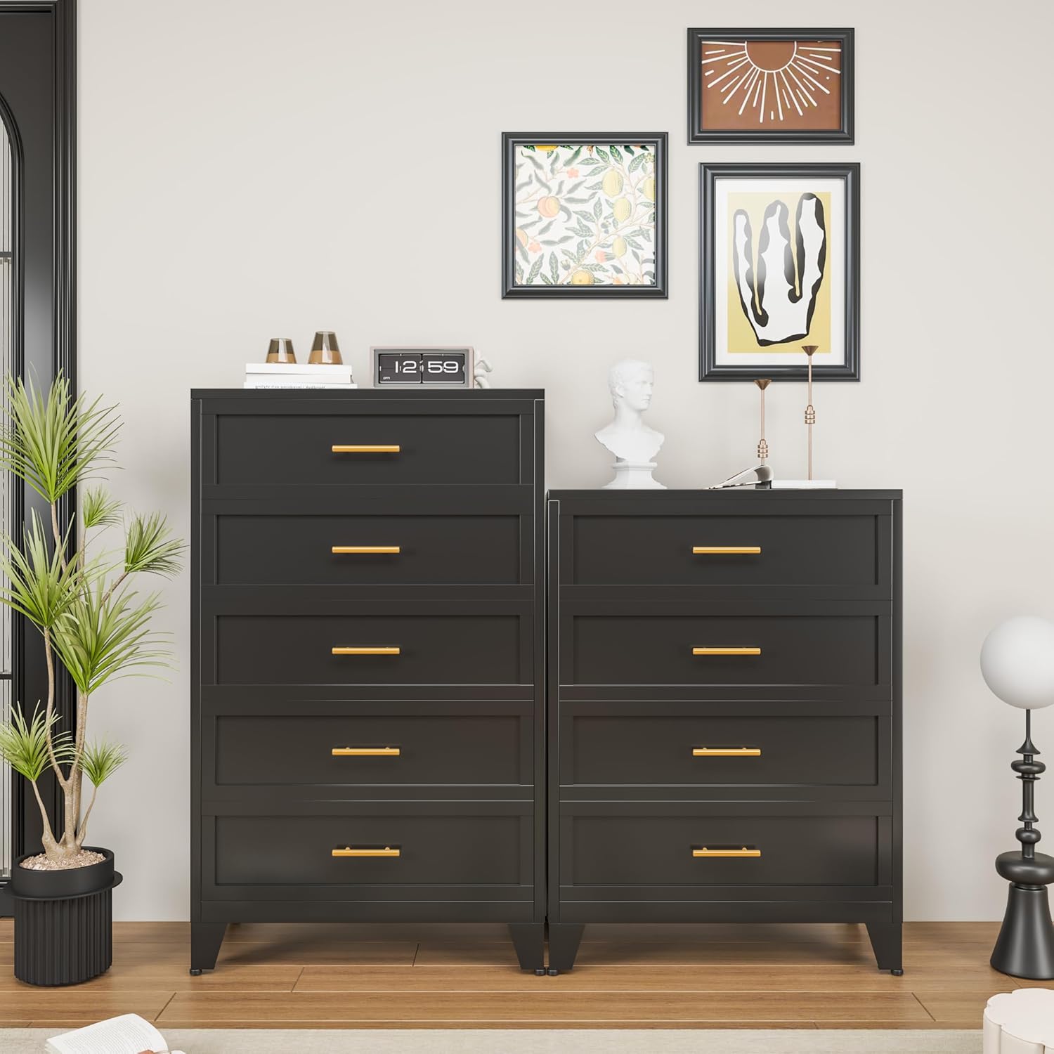 White Aesthetic Modern 5-Drawer Metal Dresser for Bedroom - Large-Capacity Waterproof Storage Cabinet with Rounded Corners, Slim Handles, LED Charging Light, Movable Deep Chest, Instructions Included for Office Use