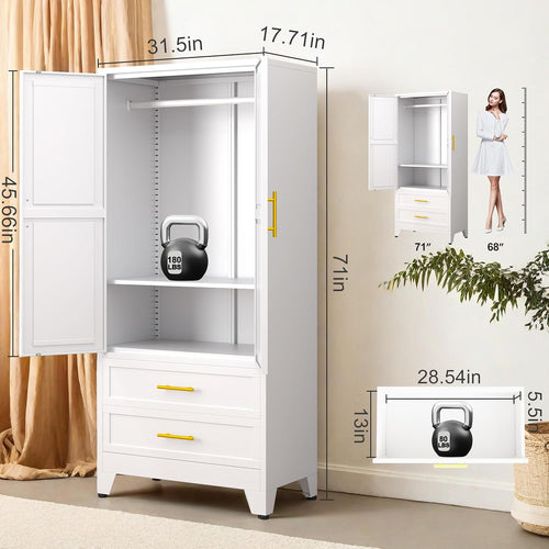 71" Freestanding Metal Adjustable Wardrobe Cabinet - 2 Doors, 1 Adjustable Shelf, 2 Drawer Compartments, Hanging Rod, Extra/Dual/Compartmentalized Storage for Bedroom, Gym, Extra Storage Wardrobes, Compartmentalized Storage Wardrobes