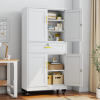 Metal Storage Cabinet with Dual Doors, Locking Drawer & Wheels