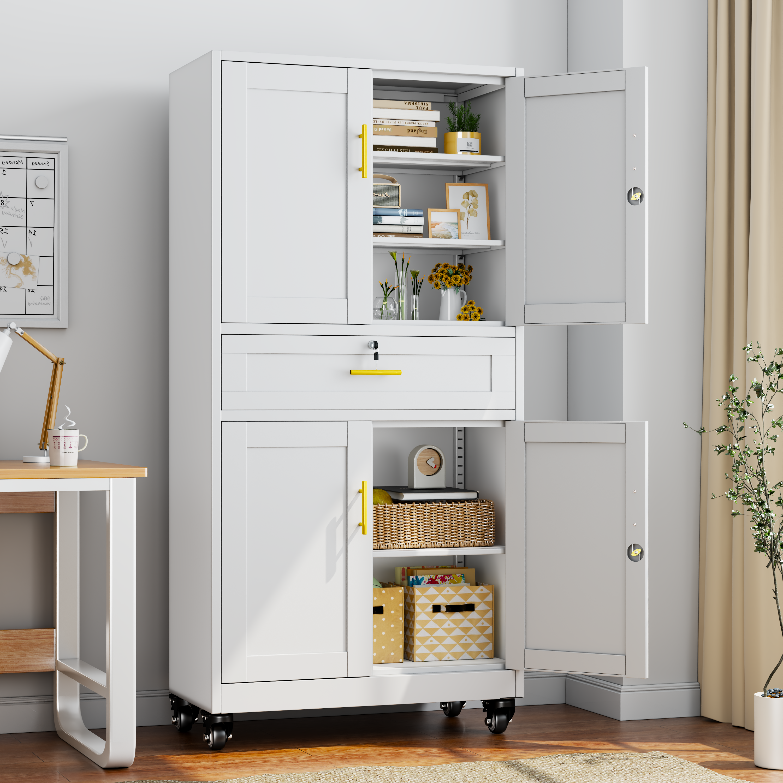 Metal Storage Cabinet with Dual Doors, Locking Drawer & Wheels