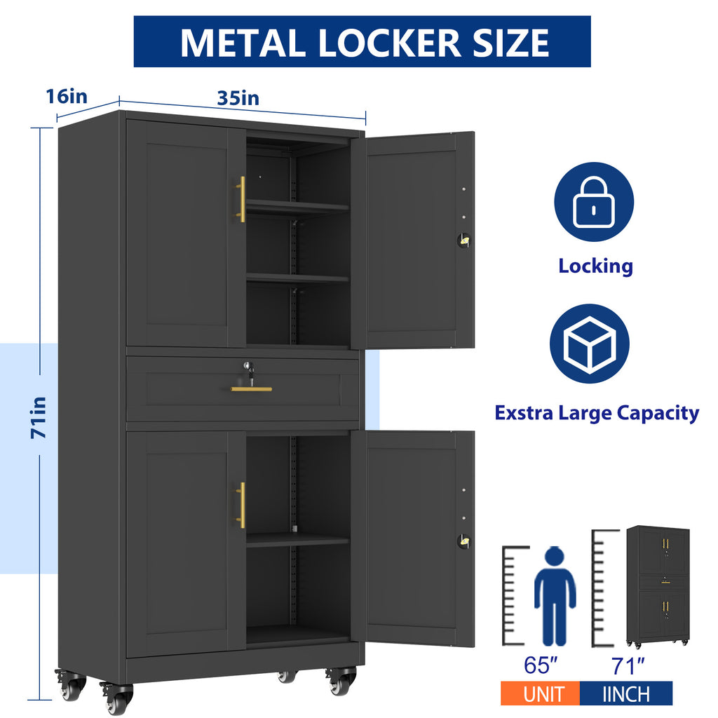 Metal Storage Cabinet with Dual Doors, Locking Drawer & Wheels