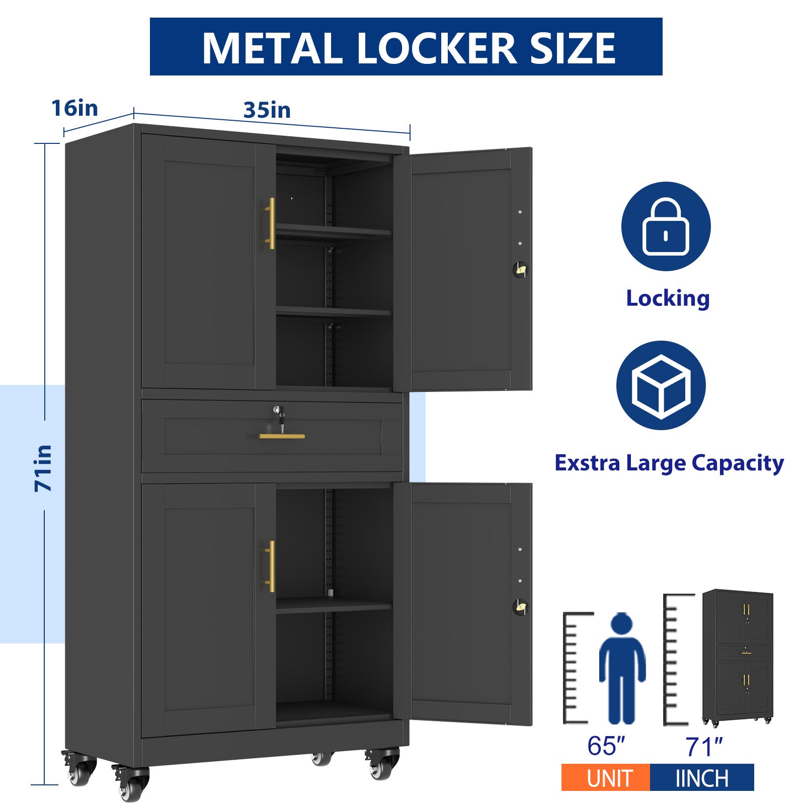 Metal Storage Cabinet with Dual Doors, Locking Drawer & Wheels