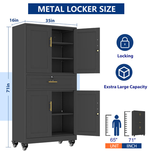 Metal Storage Cabinet with Dual Doors, Locking Drawer & Wheels