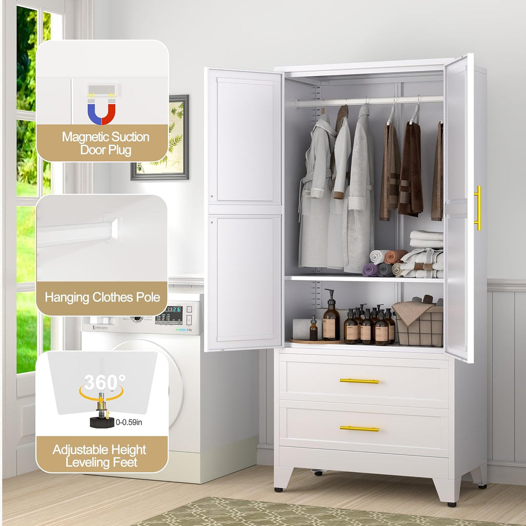71" Freestanding Metal Adjustable Wardrobe Cabinet - 2 Doors, 1 Adjustable Shelf, 2 Drawer Compartments, Hanging Rod, Extra/Dual/Compartmentalized Storage for Bedroom, Gym, Extra Storage Wardrobes, Compartmentalized Storage Wardrobes