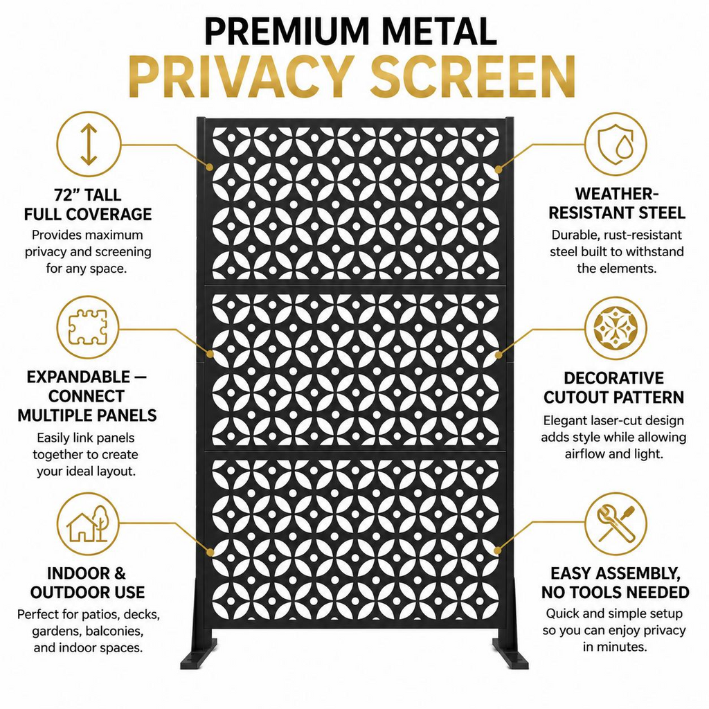 72" Premium Metal Privacy Screen – Outdoor Patio Divider with Decorative Cutout Pattern
