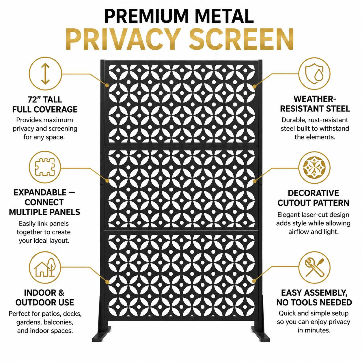 72" Premium Metal Privacy Screen – Outdoor Patio Divider with Decorative Cutout Pattern