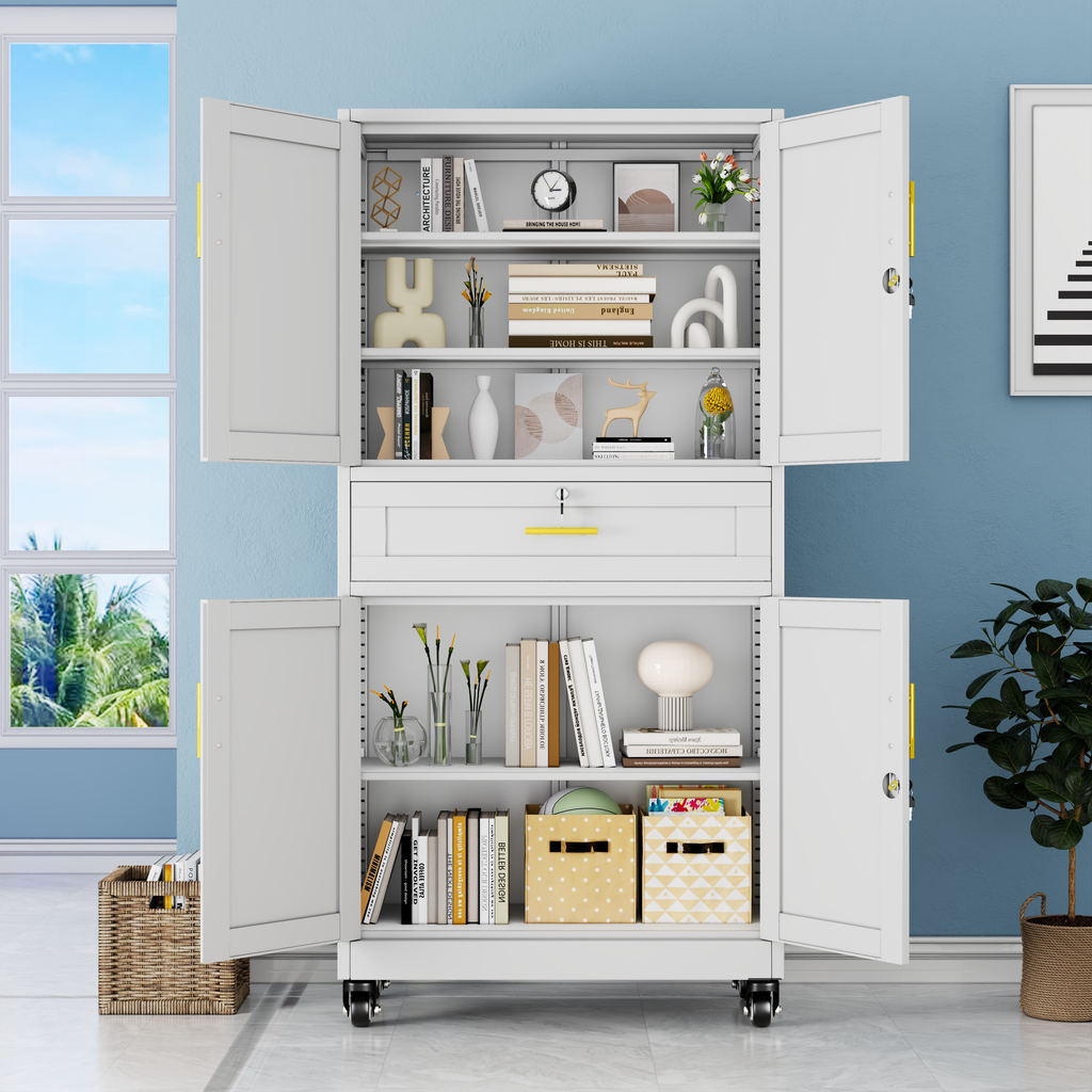 Metal Storage Cabinet with Dual Doors, Locking Drawer & Wheels