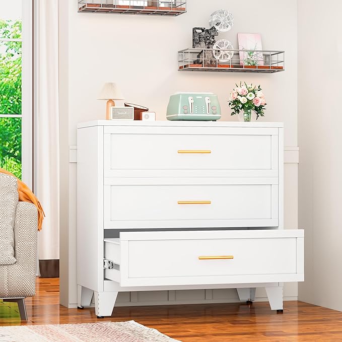 White Aesthetic Modern 5-Drawer Metal Dresser for Bedroom - Large-Capacity Waterproof Storage Cabinet with Rounded Corners, Slim Handles, LED Charging Light, Movable Deep Chest, Instructions Included for Office Use