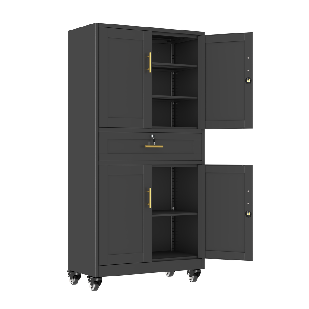 Metal Storage Cabinet with Dual Doors, Locking Drawer & Wheels