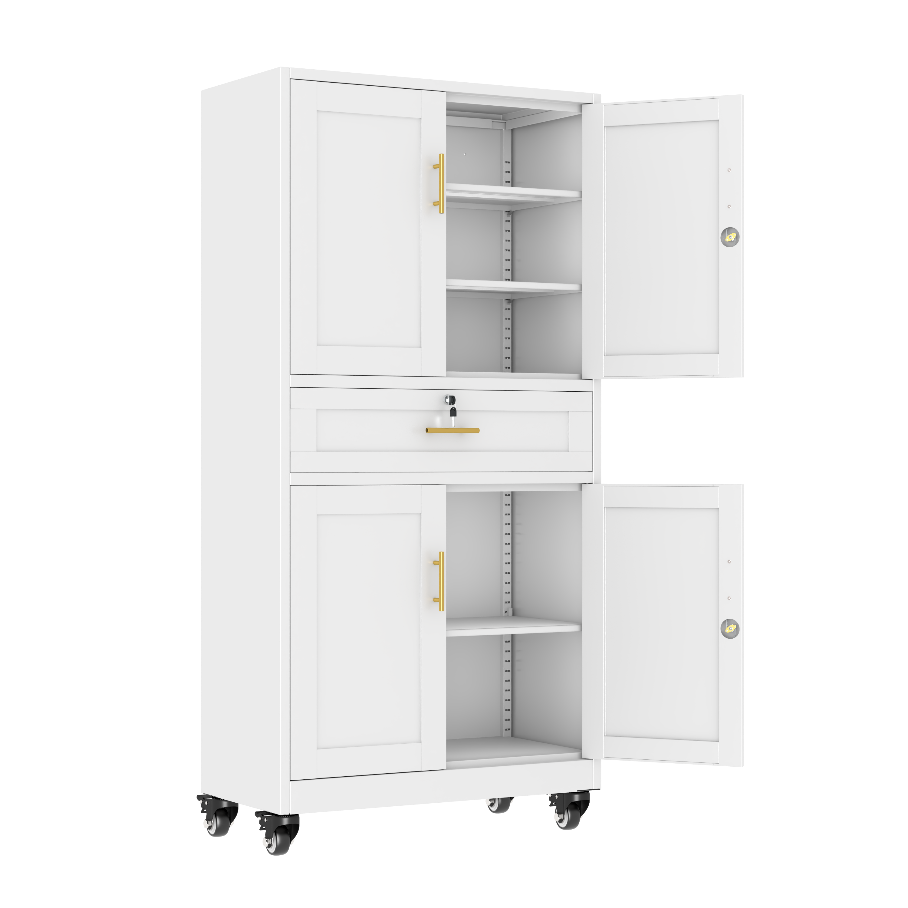 Metal Storage Cabinet with Dual Doors, Locking Drawer & Wheels