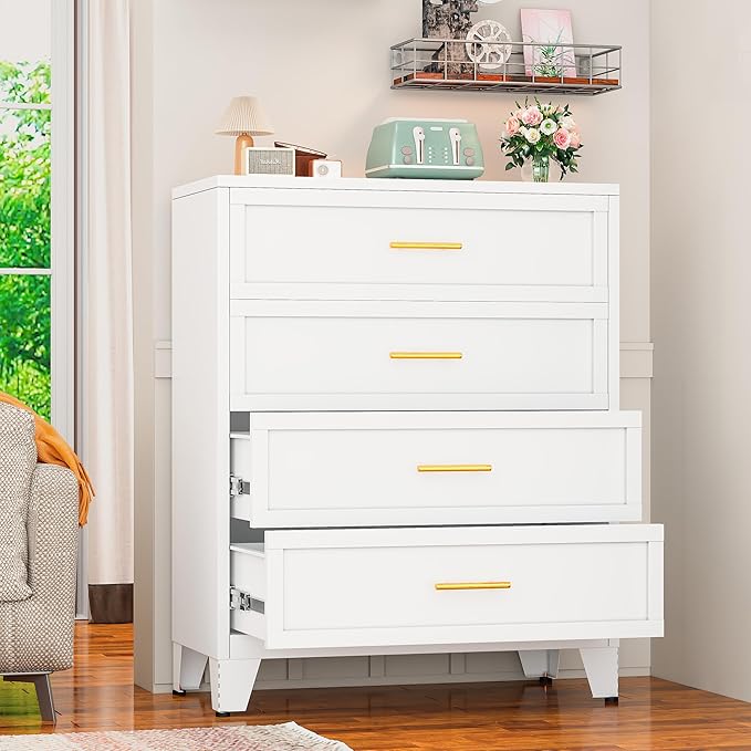 White Aesthetic Modern 5-Drawer Metal Dresser for Bedroom - Large-Capacity Waterproof Storage Cabinet with Rounded Corners, Slim Handles, LED Charging Light, Movable Deep Chest, Instructions Included for Office Use