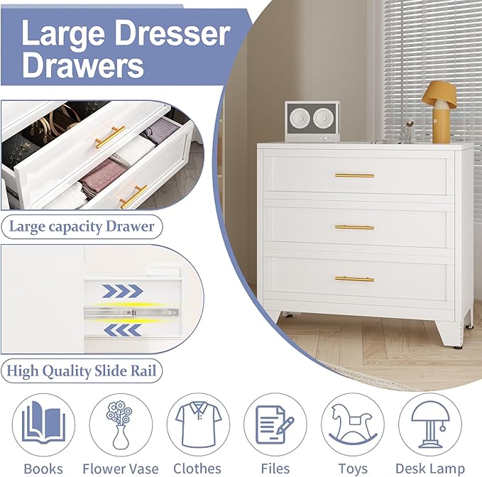 White Aesthetic Modern 5-Drawer Metal Dresser for Bedroom - Large-Capacity Waterproof Storage Cabinet with Rounded Corners, Slim Handles, LED Charging Light, Movable Deep Chest, Instructions Included for Office Use