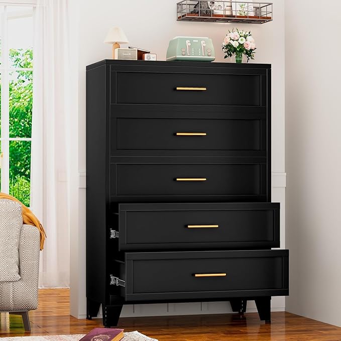 White Aesthetic Modern 5-Drawer Metal Dresser for Bedroom - Large-Capacity Waterproof Storage Cabinet with Rounded Corners, Slim Handles, LED Charging Light, Movable Deep Chest, Instructions Included for Office Use