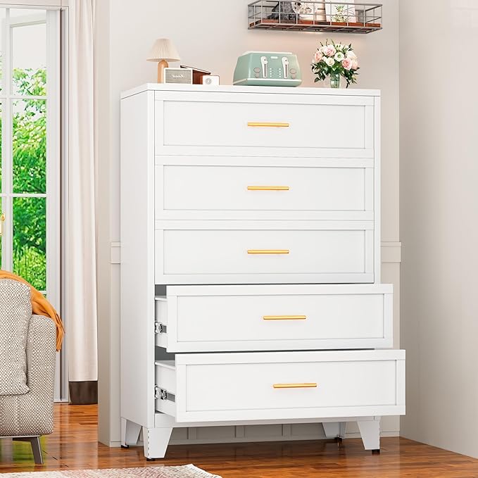 White Aesthetic Modern 5-Drawer Metal Dresser for Bedroom - Large-Capacity Waterproof Storage Cabinet with Rounded Corners, Slim Handles, LED Charging Light, Movable Deep Chest, Instructions Included for Office Use
