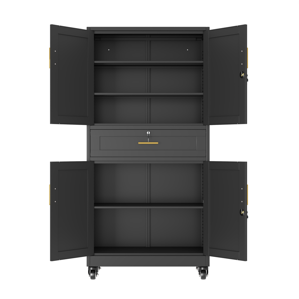 Metal Storage Cabinet with Dual Doors, Locking Drawer & Wheels
