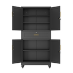 Metal Storage Cabinet with Dual Doors, Locking Drawer & Wheels