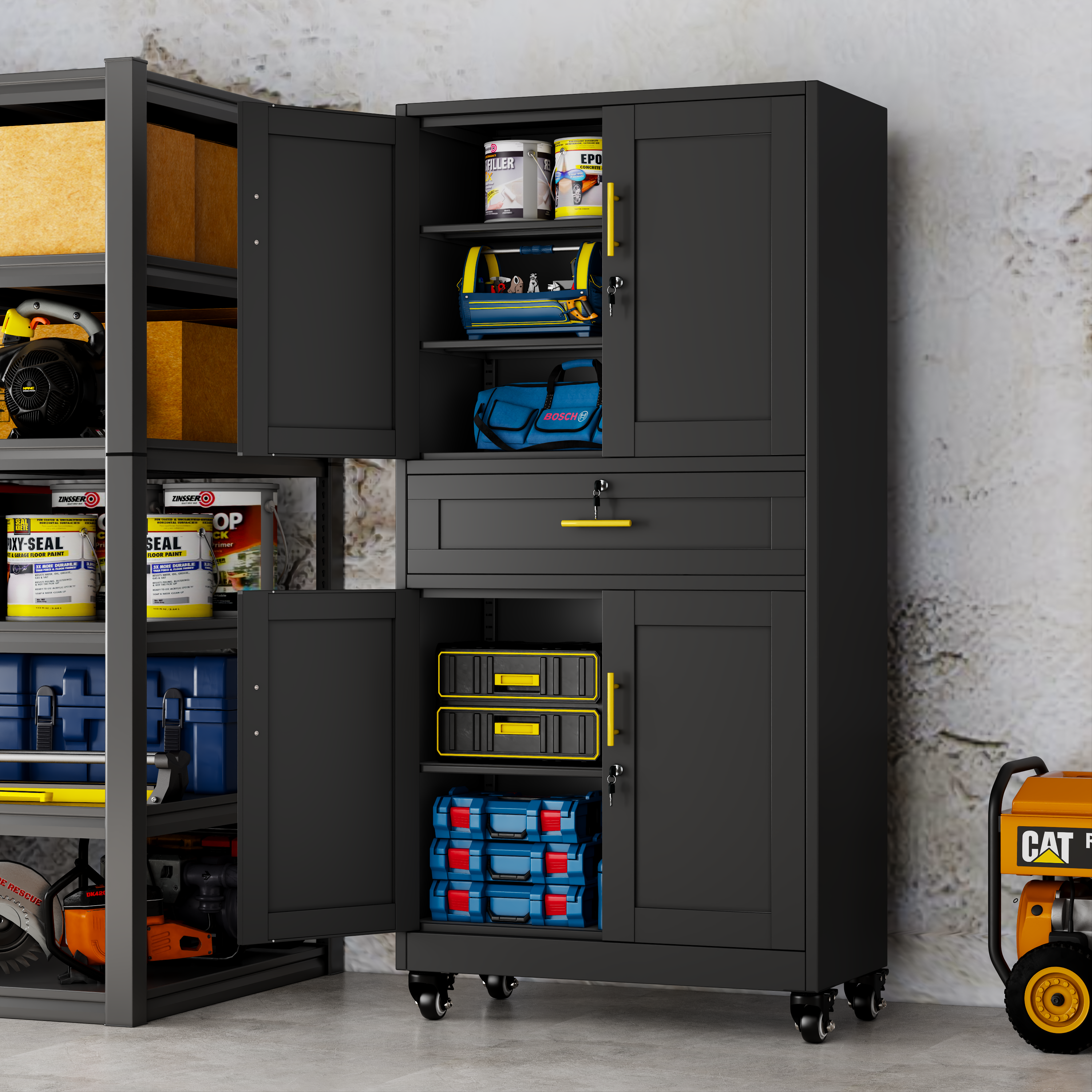 Metal Storage Cabinet with Dual Doors, Locking Drawer & Wheels