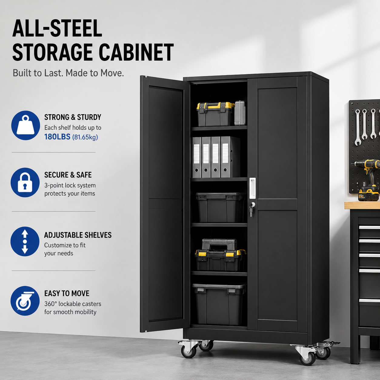 Heavy-Duty Metal Storage Cabinet with Wheels & Lock