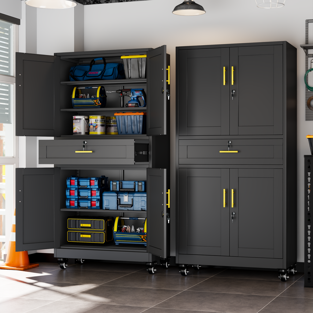 Metal Storage Cabinet with Dual Doors, Locking Drawer & Wheels
