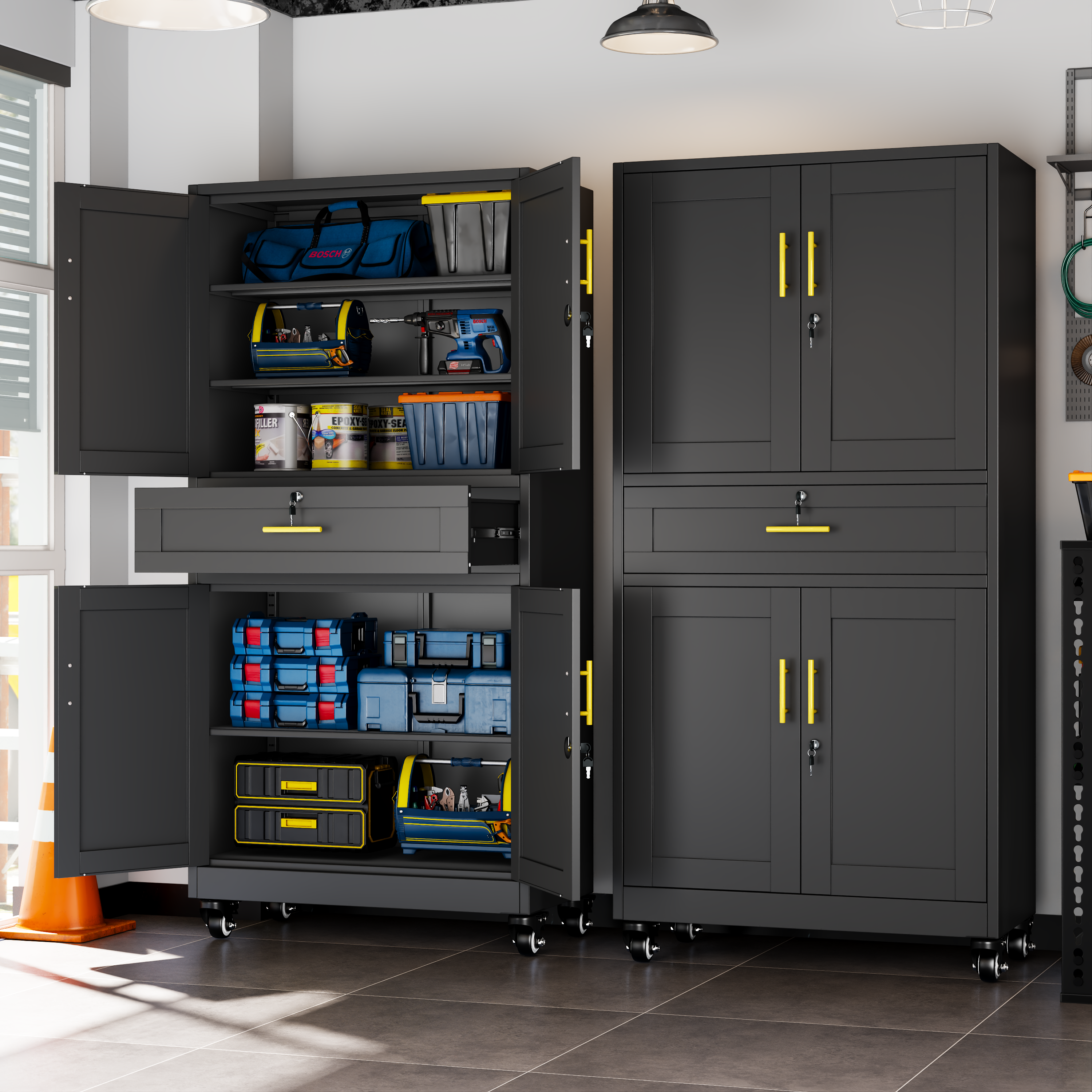 Metal Storage Cabinet with Dual Doors, Locking Drawer & Wheels
