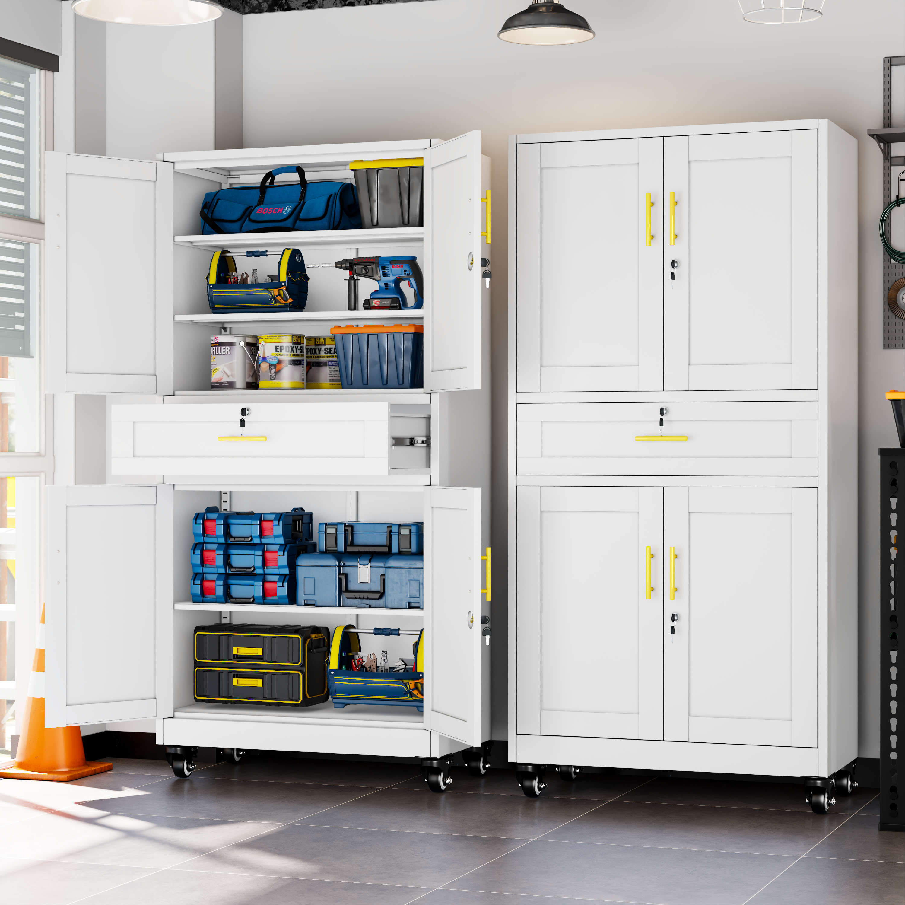 Metal Storage Cabinet with Dual Doors, Locking Drawer & Wheels