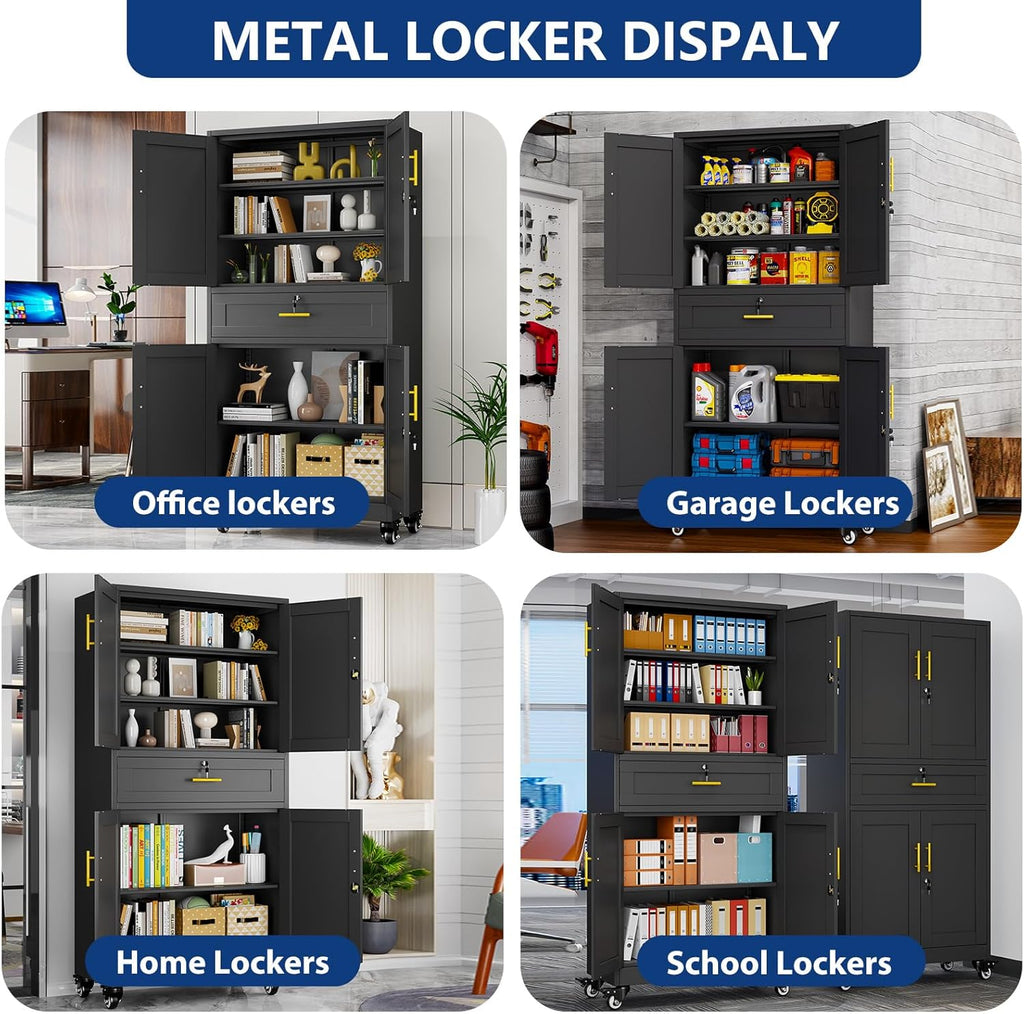 Metal Storage Cabinet with Dual Doors, Locking Drawer & Wheels