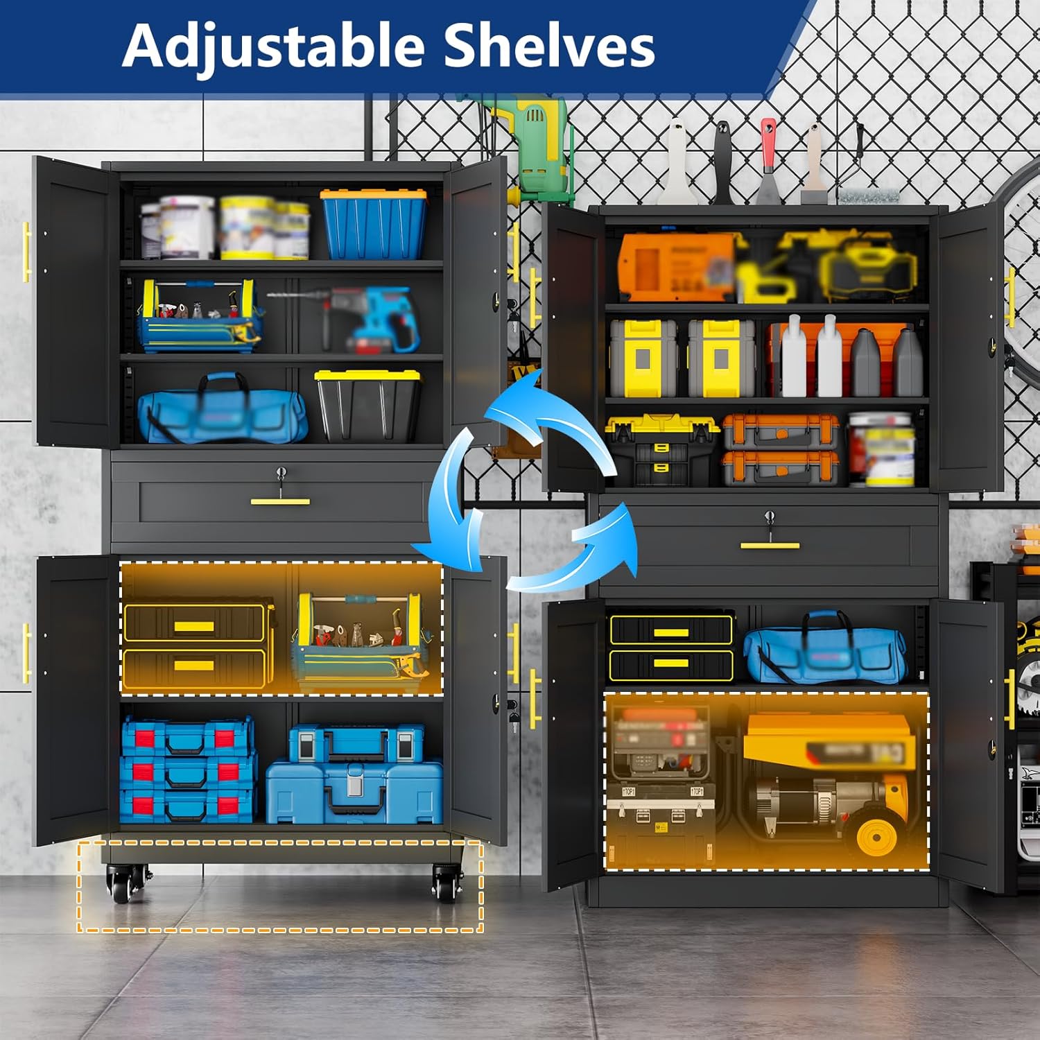 Metal Storage Cabinet with Dual Doors, Locking Drawer & Wheels