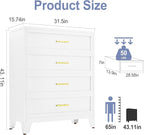 White Aesthetic Modern 5-Drawer Metal Dresser for Bedroom - Large-Capacity Waterproof Storage Cabinet with Rounded Corners, Slim Handles, LED Charging Light, Movable Deep Chest, Instructions Included for Office Use