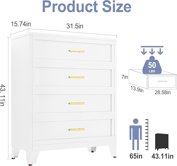 White Aesthetic Modern 5-Drawer Metal Dresser for Bedroom - Large-Capacity Waterproof Storage Cabinet with Rounded Corners, Slim Handles, LED Charging Light, Movable Deep Chest, Instructions Included for Office Use