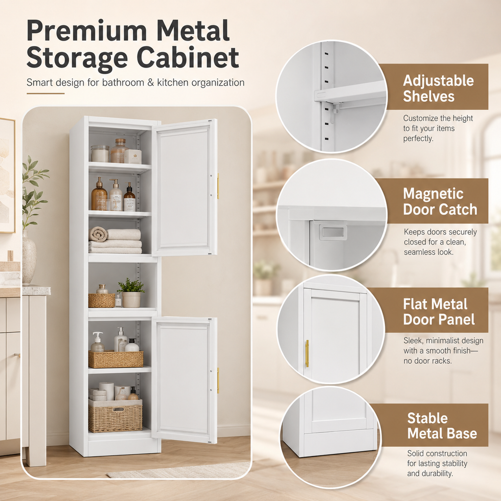 67" 2-Door Steel Storage Cabinet with Adjustable Shelves – Bathroom & Kitchen Organizer