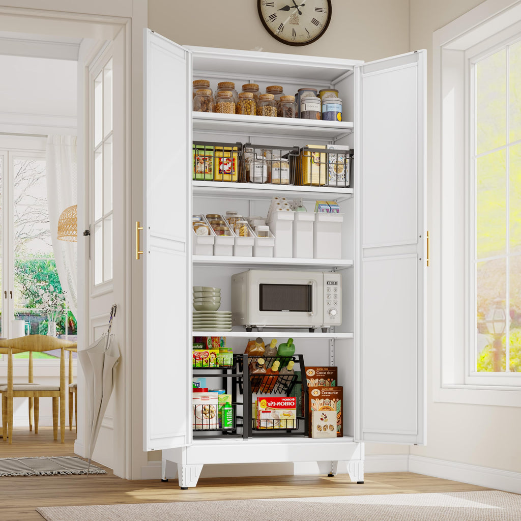 GAIOUS Metal Pantry Cabinet, Kitchen Pantry Storage Cabinets with 2 Door and 3 Adjustable Shelves, White Kitchen Pantry Cabinet, Freestanding Cupboard for Dining Room Living Room Bathroom