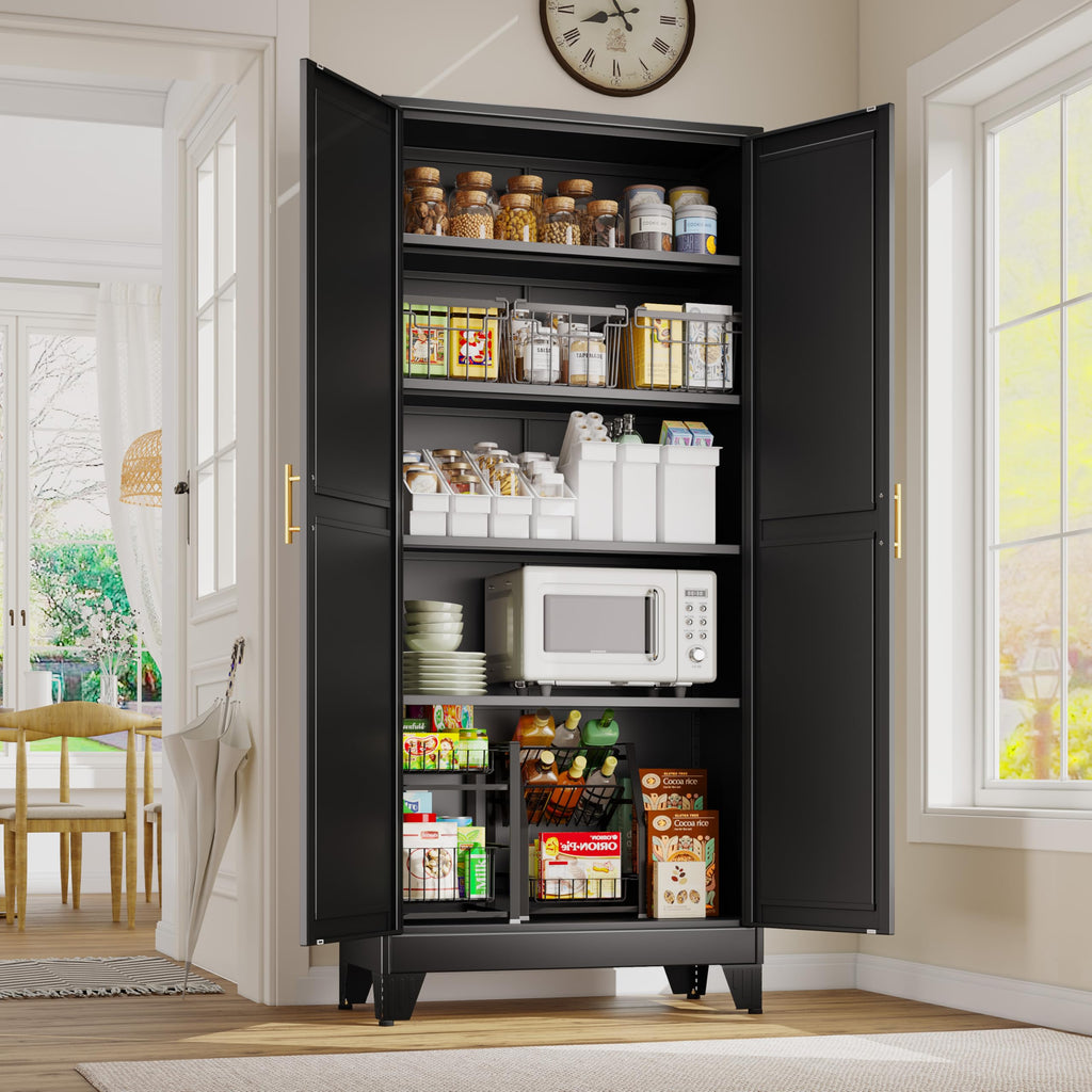 GAIOUS Metal Pantry Cabinet, Kitchen Pantry Storage Cabinets with 2 Door and 3 Adjustable Shelves, White Kitchen Pantry Cabinet, Freestanding Cupboard for Dining Room Living Room Bathroom