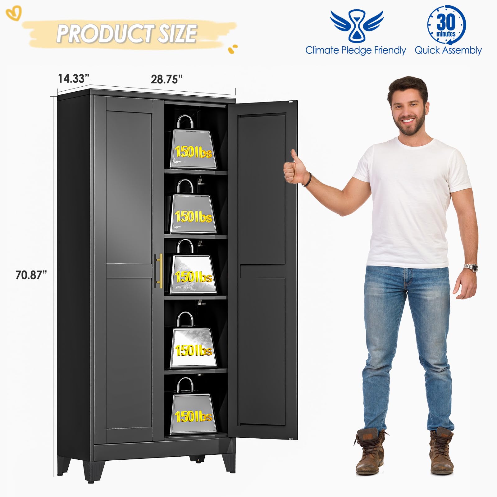 GAIOUS Metal Pantry Cabinet, Kitchen Pantry Storage Cabinets with 2 Door and 3 Adjustable Shelves, White Kitchen Pantry Cabinet, Freestanding Cupboard for Dining Room Living Room Bathroom