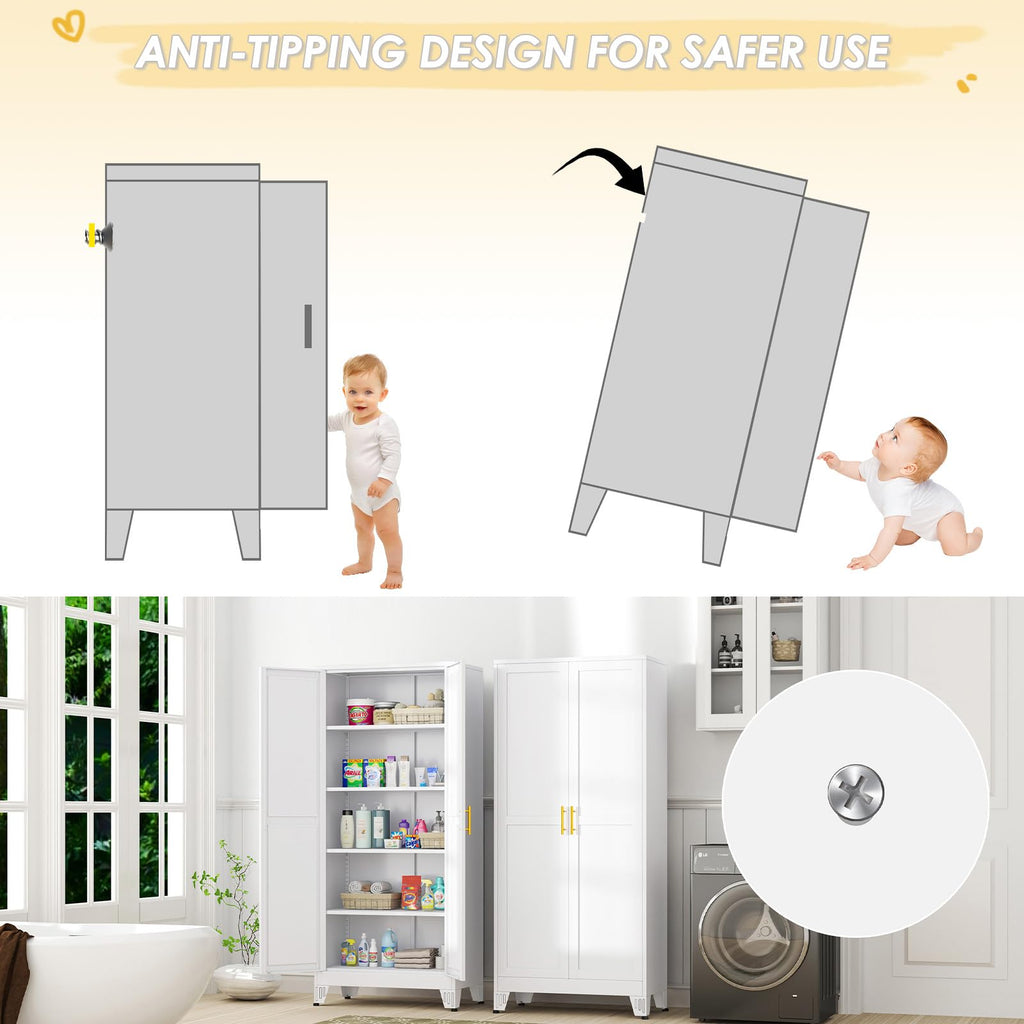 GAIOUS Metal Pantry Cabinet, Kitchen Pantry Storage Cabinets with 2 Door and 3 Adjustable Shelves, White Kitchen Pantry Cabinet, Freestanding Cupboard for Dining Room Living Room Bathroom