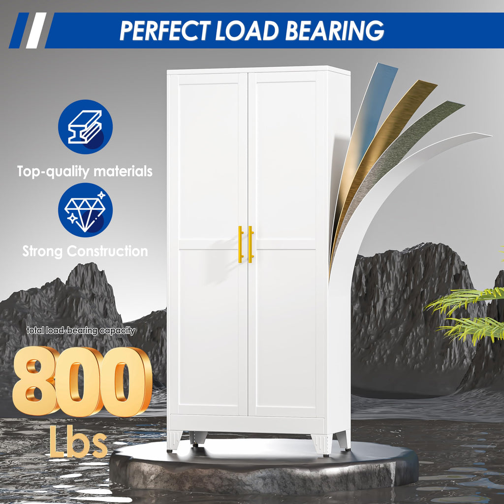 GAIOUS Metal Pantry Cabinet, Kitchen Pantry Storage Cabinets with 2 Door and 3 Adjustable Shelves, White Kitchen Pantry Cabinet, Freestanding Cupboard for Dining Room Living Room Bathroom
