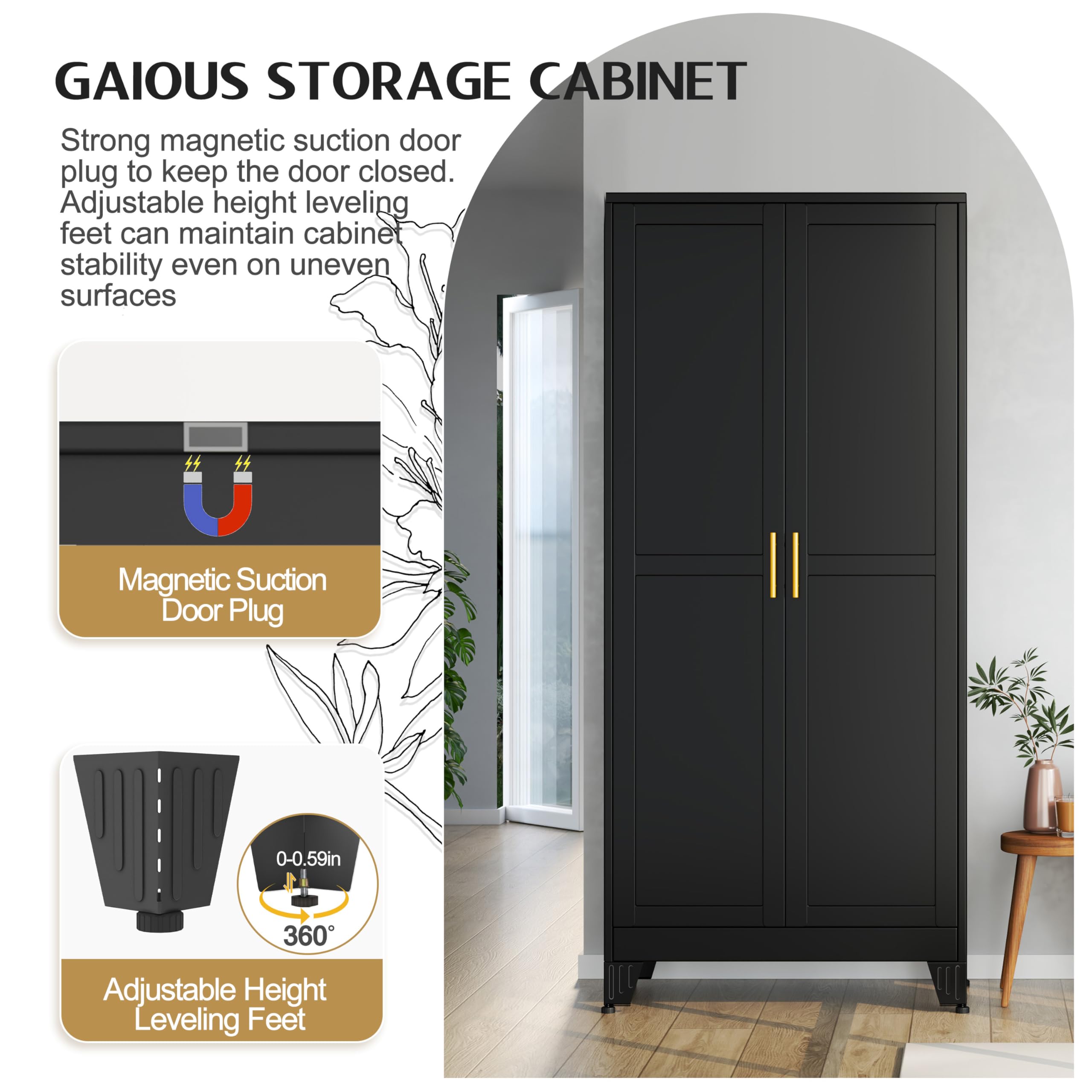 GAIOUS Metal Pantry Cabinet, Kitchen Pantry Storage Cabinets with 2 Door and 3 Adjustable Shelves, White Kitchen Pantry Cabinet, Freestanding Cupboard for Dining Room Living Room Bathroom